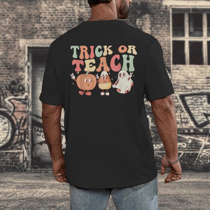 Trick Or Teach Pumpkin Candy Corn Ghost Halloween Teacher Men's Back Print T-Shirt, funny design Trick Or Teach Pumpkin Candy Corn Ghost Halloween Teacher Men's Back Print T-Shirt, funny design