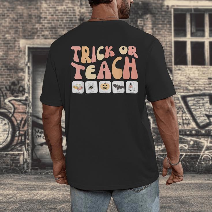 Trick Or Teach With Symbols Special Education Teacher Spooky Men's Back Print T-Shirt, funny design Trick Or Teach With Symbols Special Education Teacher Spooky Men's Back Print T-Shirt, funny design