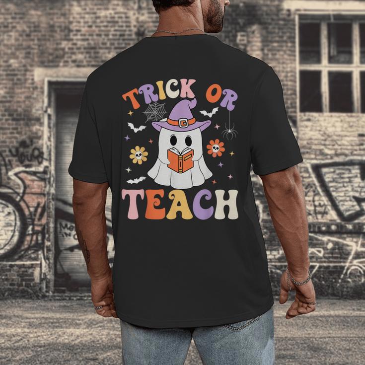 Trick Or Teach Teacher Groovy Ghost Halloween Teacher Men's Back Print T-Shirt, funny design