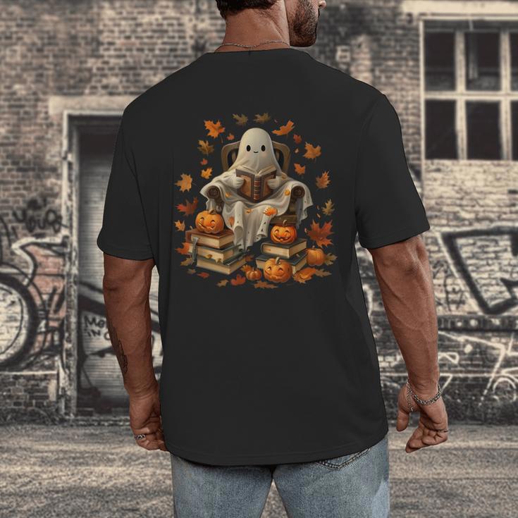 Vintage Ghost Book Reading Pumpkin Gothic Halloween Teachers Men Women Kids Men's Back Print T-Shirt, funny design