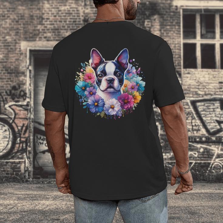 Watercolor Floral Boston Terrier Mama Dog Lover Mother's Day Men's Back Print T-Shirt, funny design