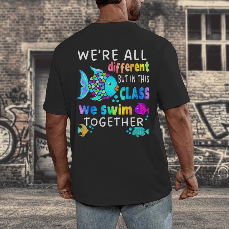 We'Re All Different But We Swim Together Elementary Teacher Men's Back Print T-Shirt, funny design We'Re All Different But We Swim Together Elementary Teacher Men's Back Print T-Shirt, funny design