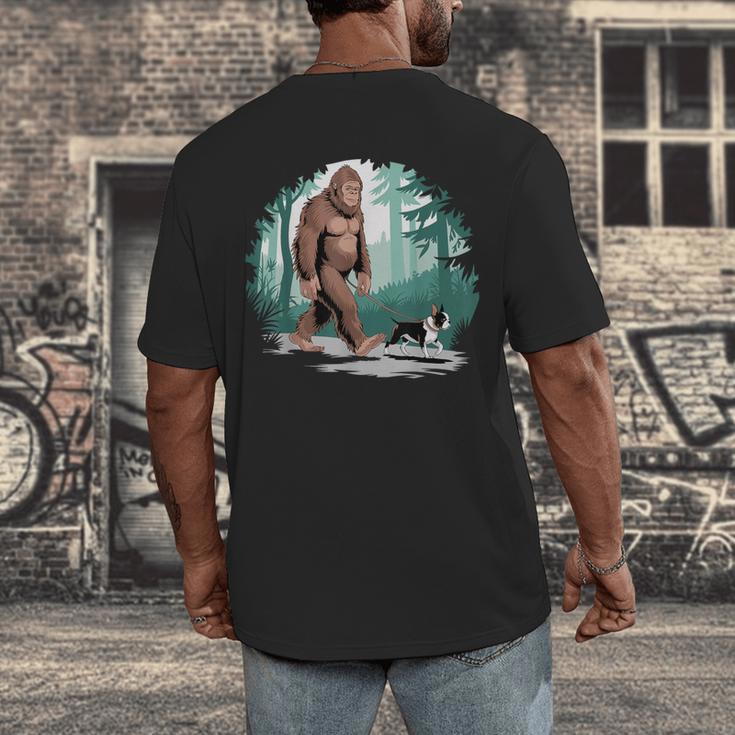 Whimsical Forest Adventures Sasquatch Bigfoot Walking Boston Terrier Dog Lovers Men's Back Print T-Shirt, funny design