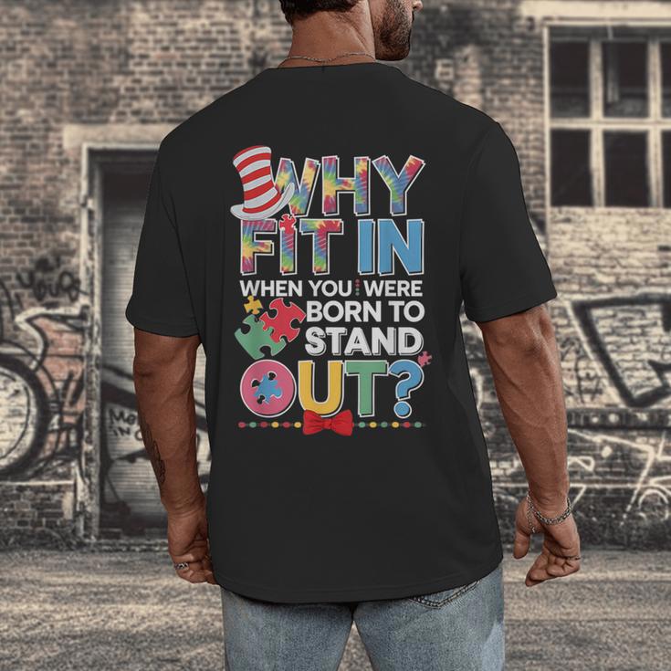 Why Fit In Doctor Teacher Cat In Hat Cool Autism Awareness Men Women Kids Men's Back Print T-Shirt, funny design