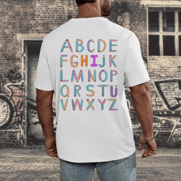 Back To School Kindergarten Alphabet ABC Teacher Women Kids Men's Back Print T-Shirt, funny design