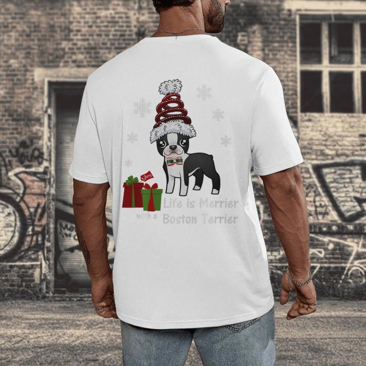 Boston Terrier Christmas T Shirt-Life Is Merrier Premium Tri-Blend Men's Back Print T-Shirt, funny design