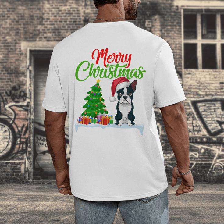 Boston Terrier Christmas Tree Lights Xmas Dog Lover Men's Back Print T-Shirt, funny design