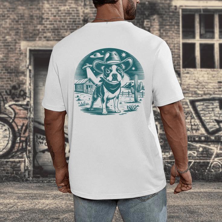 Boston Terrier Cowboy UFO Shirt Vintage Western Dog Mom Tee Men's Back Print T-Shirt, funny design