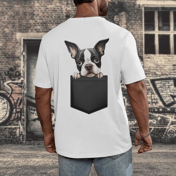 Boston Terrier Dog Puppy Dog In Pocket Cute Pet Lover Men's Back Print T-Shirt, funny design
