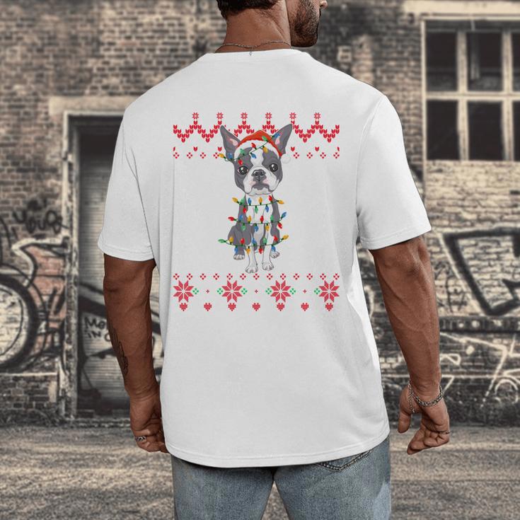 Boston Terrier Dog Santa Hat Men Kids Ugly Christmas Light Men's Back Print T-Shirt, funny design