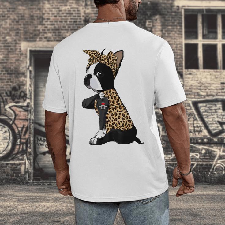 Boston Terrier Lover I Love Mom Tattoo Leopard Men's Back Print T-Shirt, funny design
