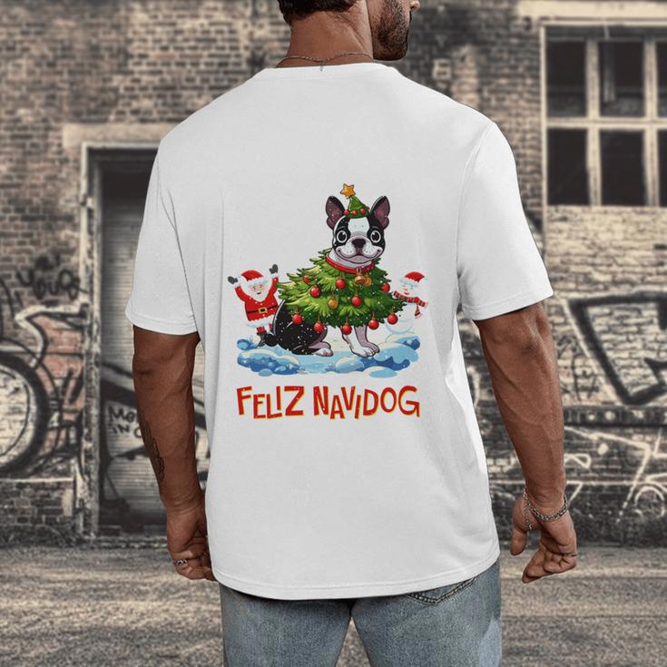 Boston Terrier Merry Christmas Tree Lights Dog X-Mas Dogs Men's Back Print T-Shirt, funny design
