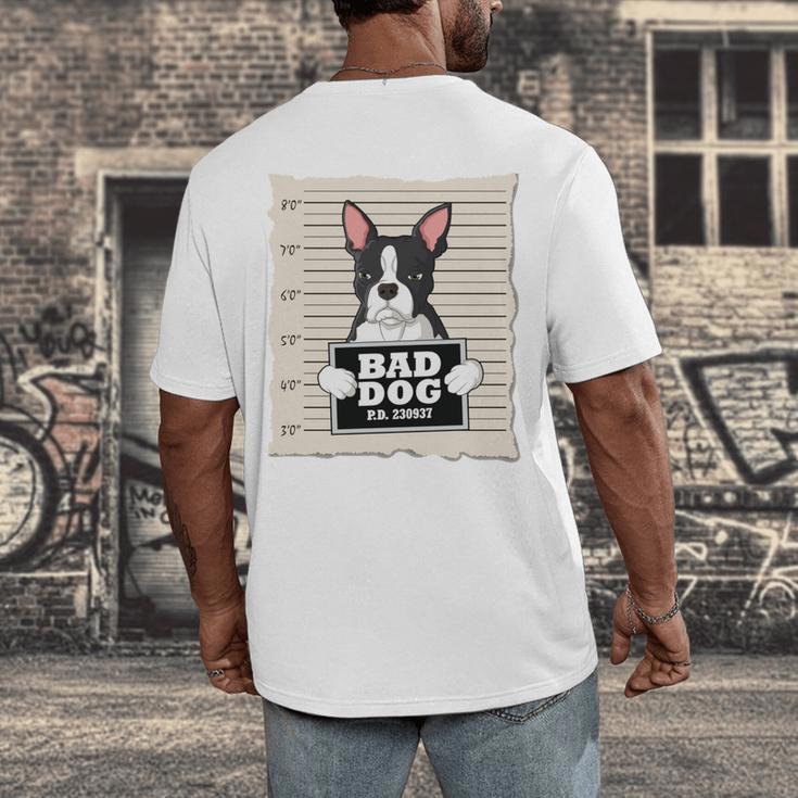 Boston Terrier Mug Shot Guilty Dog Men's Back Print T-Shirt, funny design