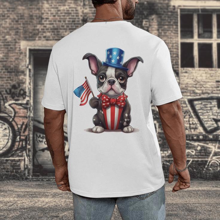 Boston Terrier Puppy Dog Holds His American Flag 4th Of July Men's Back Print T-Shirt, funny design