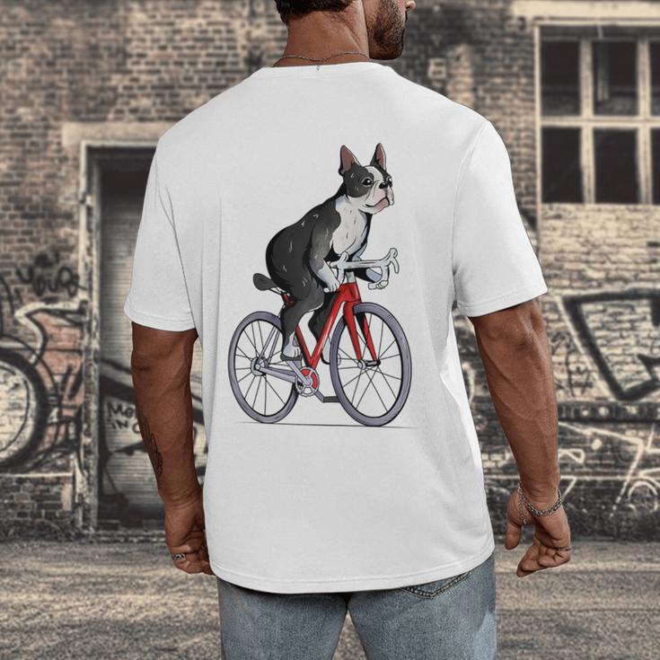 Boston Terrier Riding Bicycle Cute Bostie Biker Raglan Baseball Tee Men's Back Print T-Shirt, funny design