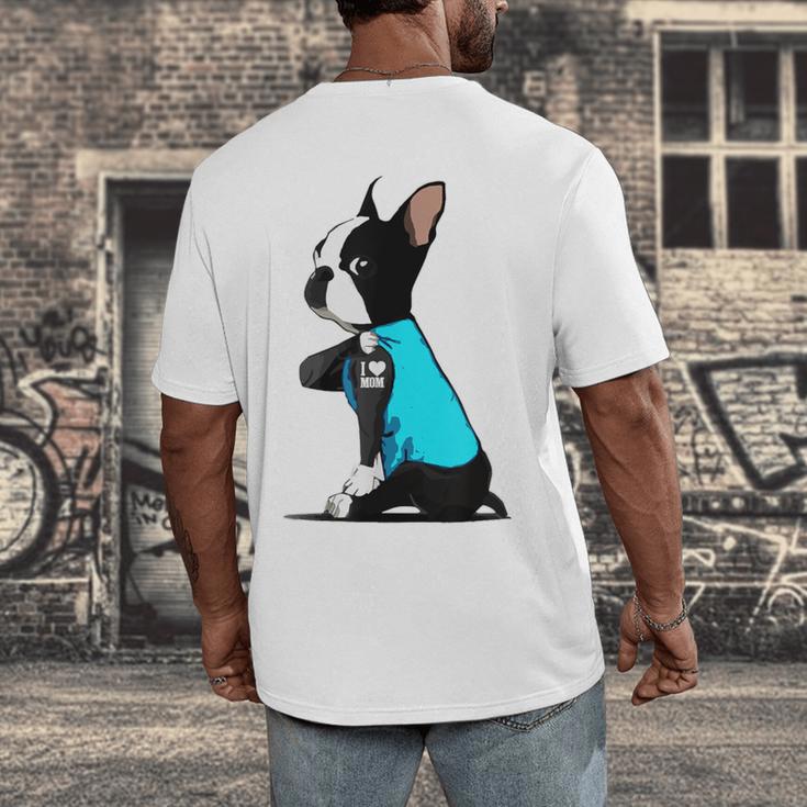 Boston Terrier Tattoos I Love Mom Men's Back Print T-Shirt, funny design