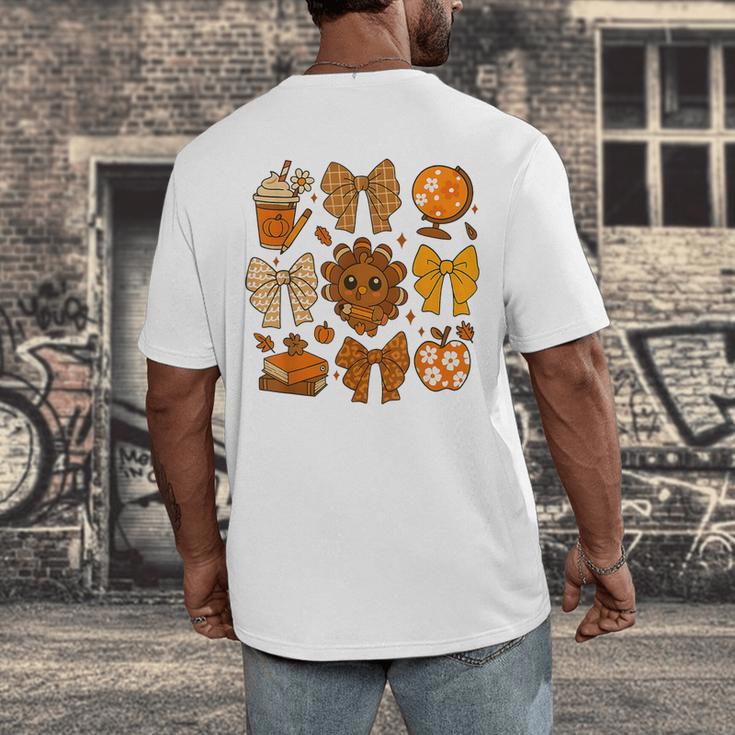 Coquette Teach Teacher Bows Thanksgiving Turkey Fall Autumn Men's Back Print T-Shirt, funny design