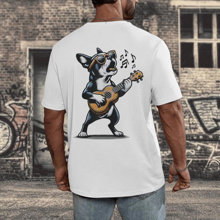 Dog Playing Guitar Singing Boston Terrier For Men Women Girls Kids Men's Back Print T-Shirt, funny design