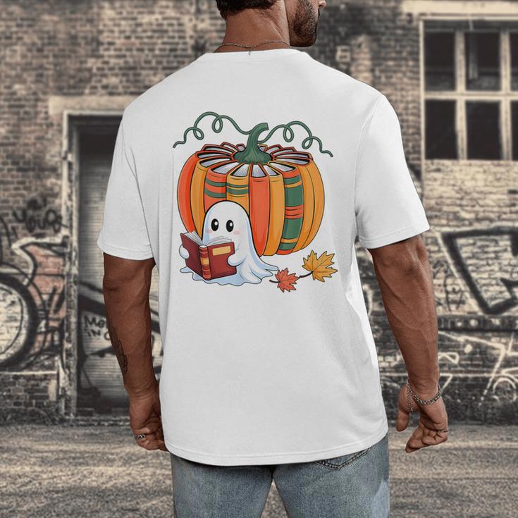 Fall Book Pumpkin Books Ghost Reading Halloween Teacher Men's Back Print T-Shirt, funny design
