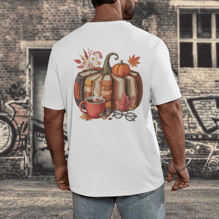 Fall Book Pumpkin Retro Reading Halloween Teacher Men's Back Print T-Shirt, funny design