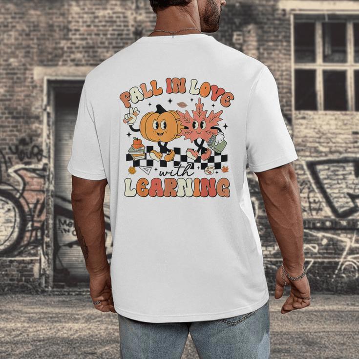 Fall In Love With Learning Teacher Retro Thanksgiving Men's Back Print T-Shirt, funny design Fall In Love With Learning Teacher Retro Thanksgiving Men's Back Print T-Shirt, funny design