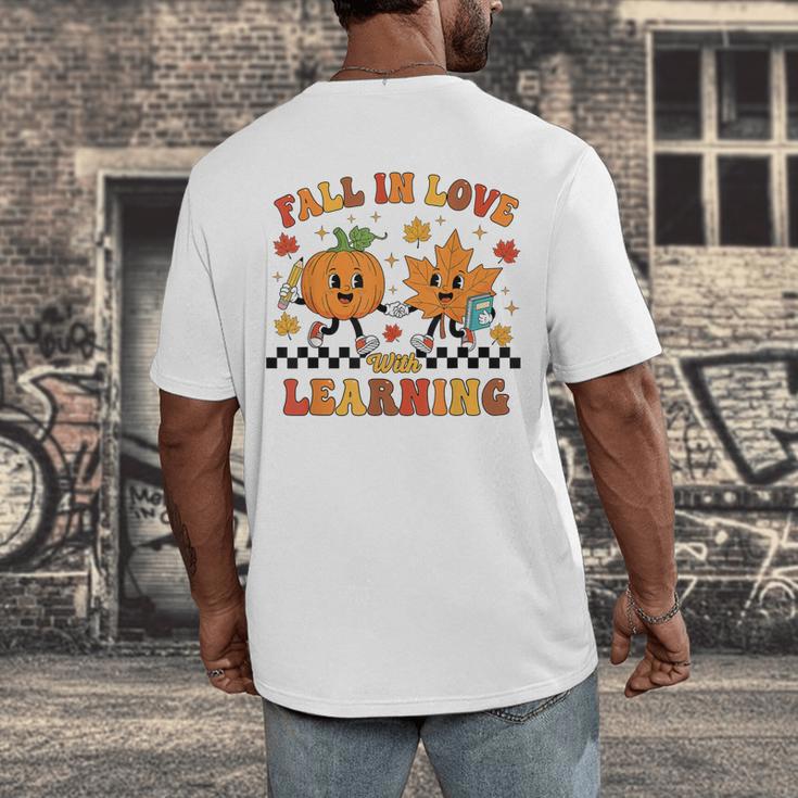 Fall In Love With Learning Teacher Student Autumn Pumpkin Men's Back Print T-Shirt, funny design Fall In Love With Learning Teacher Student Autumn Pumpkin Men's Back Print T-Shirt, funny design