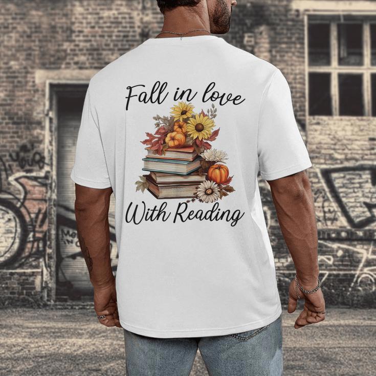 Fall In Love With Reading Book Autumn Teachers Pumpkins Men's Back Print T-Shirt, funny design Fall In Love With Reading Book Autumn Teachers Pumpkins Men's Back Print T-Shirt, funny design