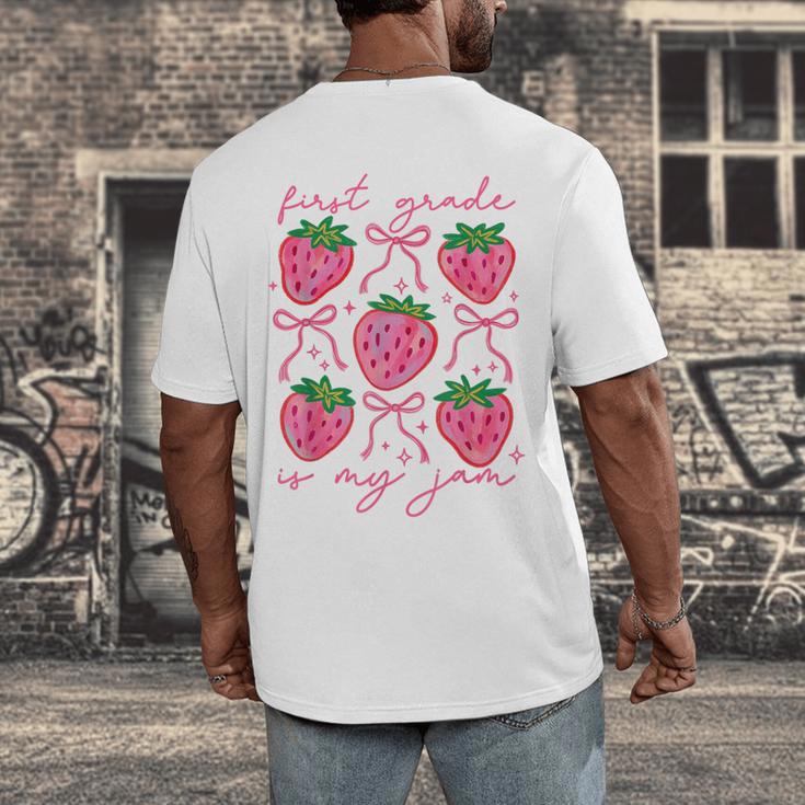 First Grade Is My Jam Strawberry First Grade Teacher Women Men's Back Print T-Shirt, funny design