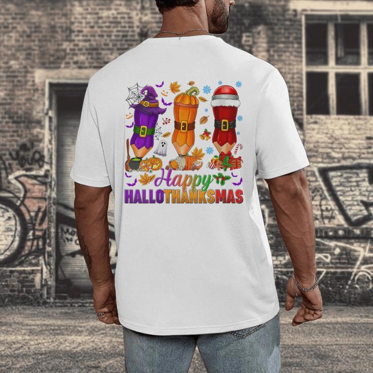 Happy Hallothanksmas Halloween Thanksgiving Pencils Teachers Men's Back Print T-Shirt, funny design