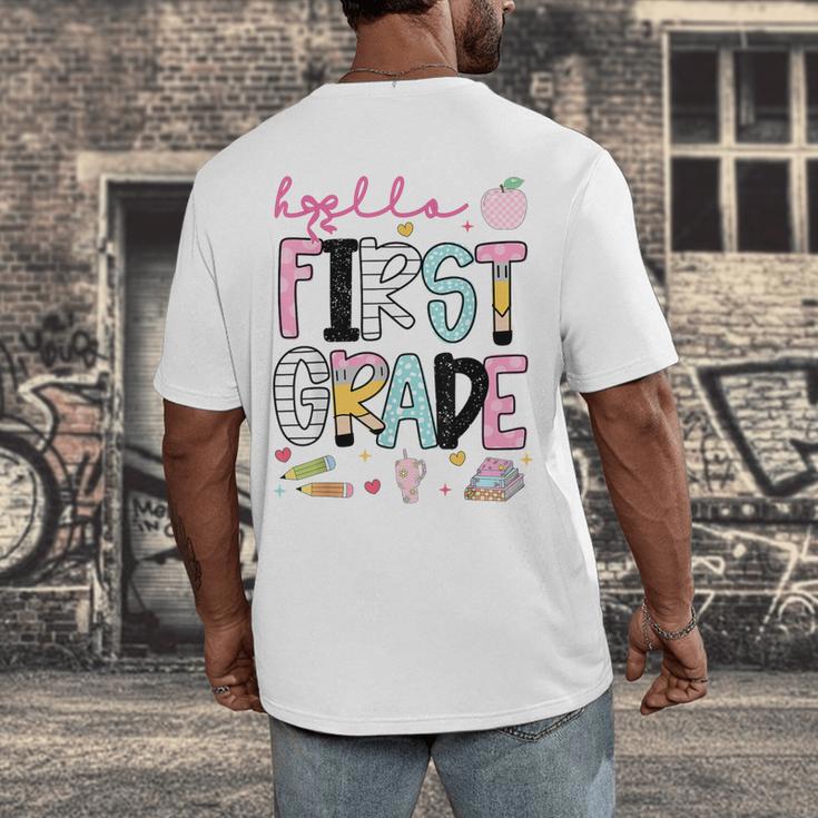 Hello First Grade Teacher Coquette Pencil Bow Back To School Men's Back Print T-Shirt, funny design Hello First Grade Teacher Coquette Pencil Bow Back To School Men's Back Print T-Shirt, funny design