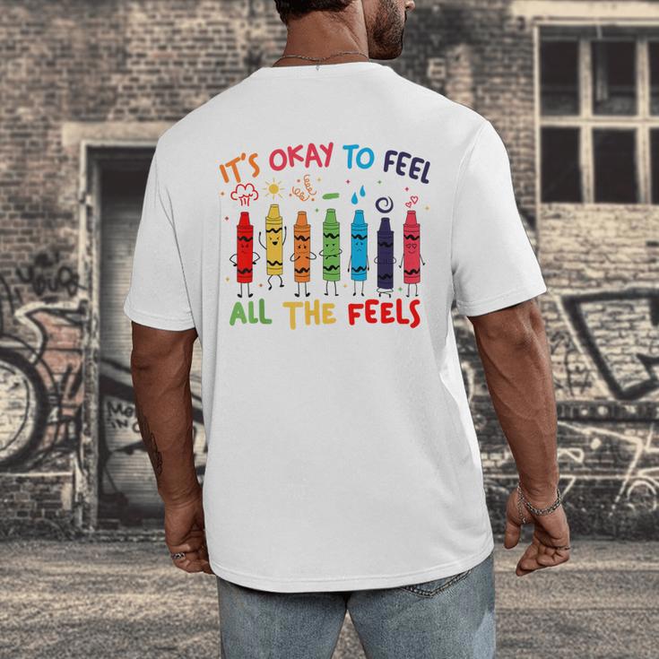 Its Okay To Feel All The Feels Mood Color Crayons Teacher Men's Back Print T-Shirt, funny design Its Okay To Feel All The Feels Mood Color Crayons Teacher Men's Back Print T-Shirt, funny design