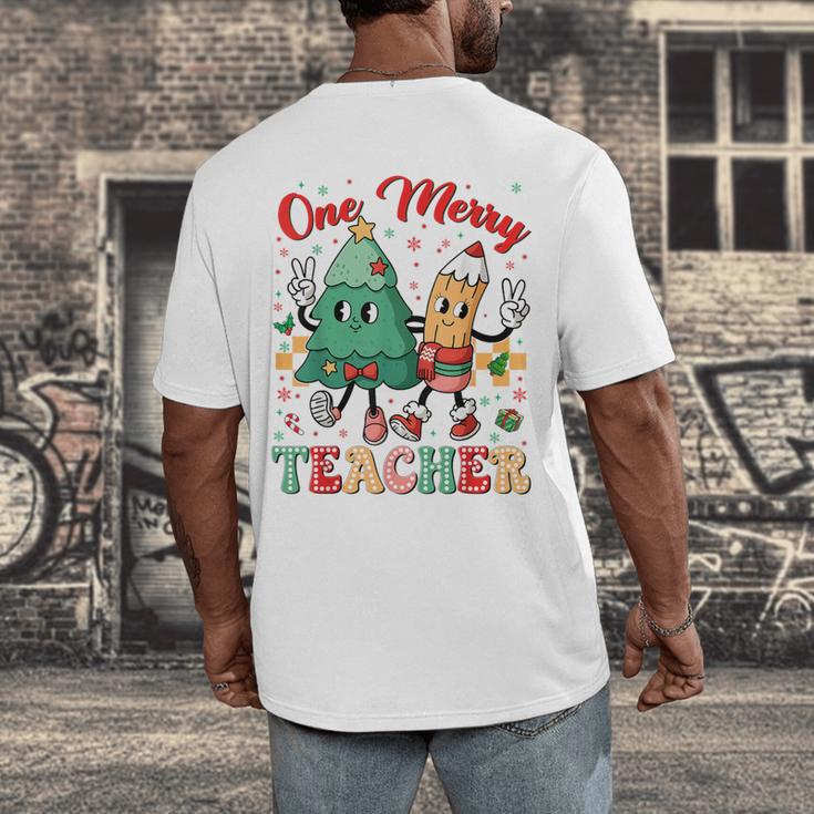 One Merry Teacher Groovy Christmas Tree Pjs Xmas Teacher Men's Back Print T-Shirt, funny design One Merry Teacher Groovy Christmas Tree Pjs Xmas Teacher Men's Back Print T-Shirt, funny design