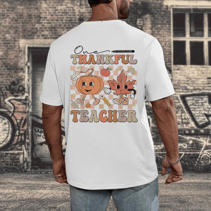 One Thankful Teacher Thanksgiving Groovy Fall Autumn Teacher Men's Back Print T-Shirt, funny design One Thankful Teacher Thanksgiving Groovy Fall Autumn Teacher Men's Back Print T-Shirt, funny design