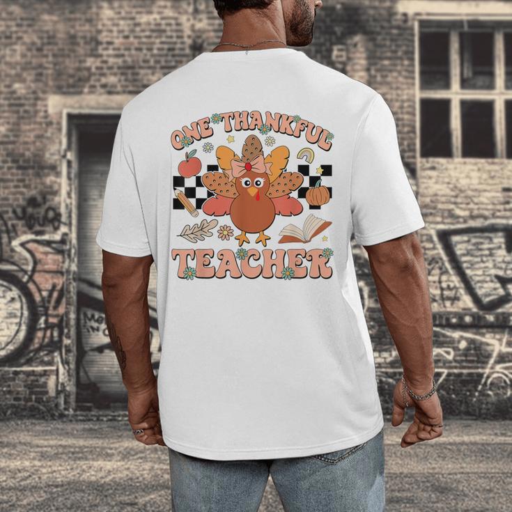 One Thankful Teacher Thanksgiving Retro Groovy Fall Teachers Men's Back Print T-Shirt, funny design One Thankful Teacher Thanksgiving Retro Groovy Fall Teachers Men's Back Print T-Shirt, funny design