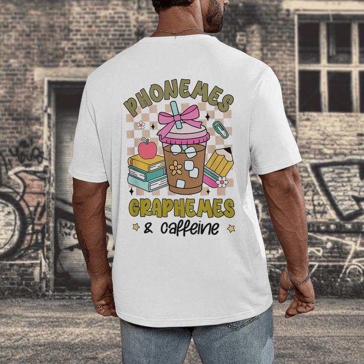 Phonemes Graphemes Caffeine Back To School Reading Teacher Men's Back Print T-Shirt, funny design