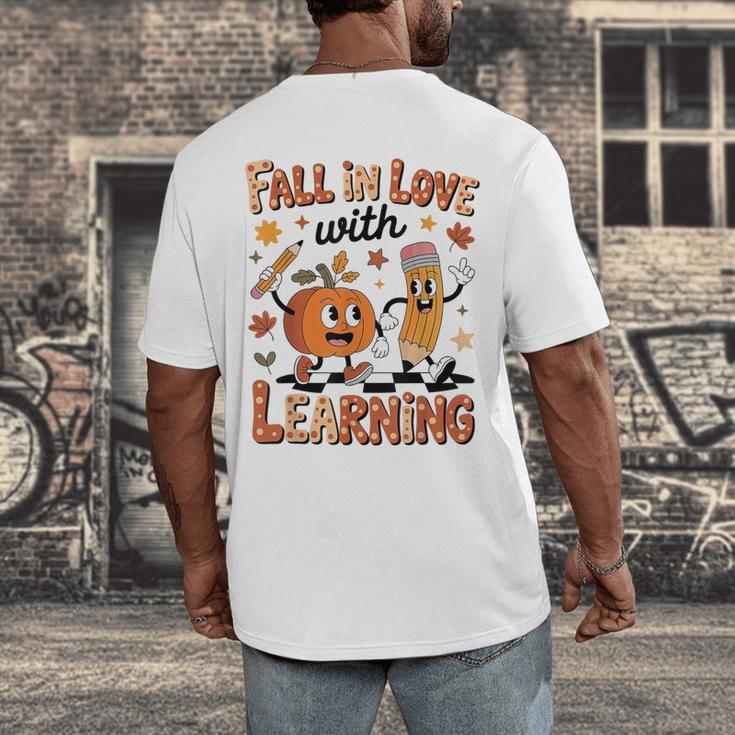 Retro Fall In Love With Learning Autumn Pumpkin Teacher Kids Men's Back Print T-Shirt, funny design