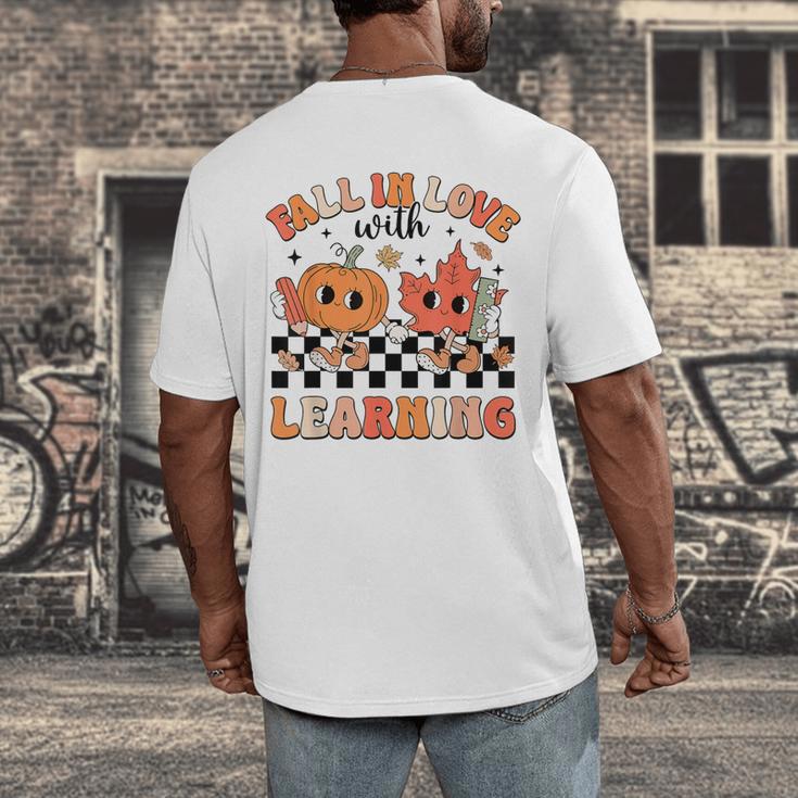 Retro Fall In Love With Learning Autumn Pumpkin Teacher Men's Back Print T-Shirt, funny design