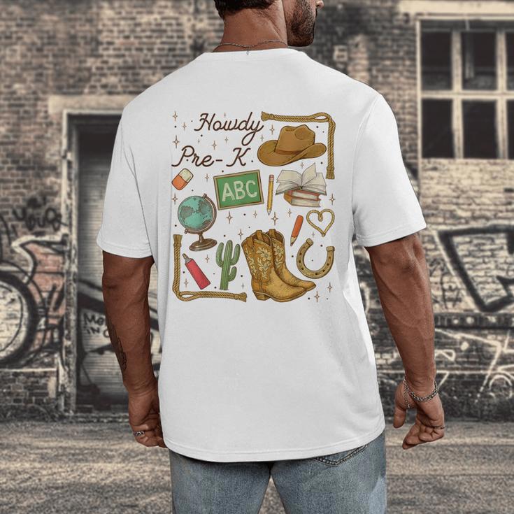 Retro Howdy Pre-K Back To School Western Teacher Men's Back Print T-Shirt, funny design Retro Howdy Pre-K Back To School Western Teacher Men's Back Print T-Shirt, funny design