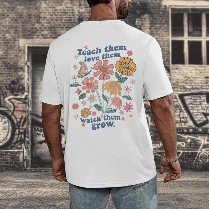 Teach Them Love Them Watch Them Grow Retro Teacher Floral Men's Back Print T-Shirt, funny design
