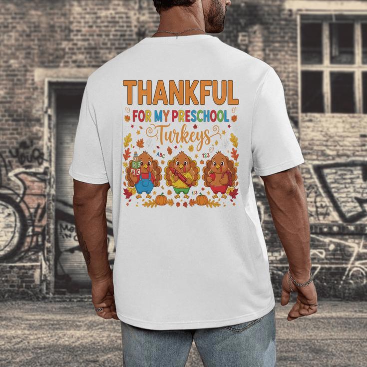 Teach Thanksgiving Teacher Thankful For My Preschool Turkeys Men's Back Print T-Shirt, funny design Teach Thanksgiving Teacher Thankful For My Preschool Turkeys Men's Back Print T-Shirt, funny design
