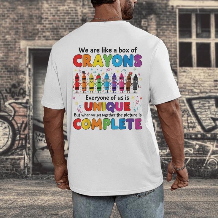 Teacher We Are Like a Box Of Crayons Back To School Men's Back Print T-Shirt, funny design