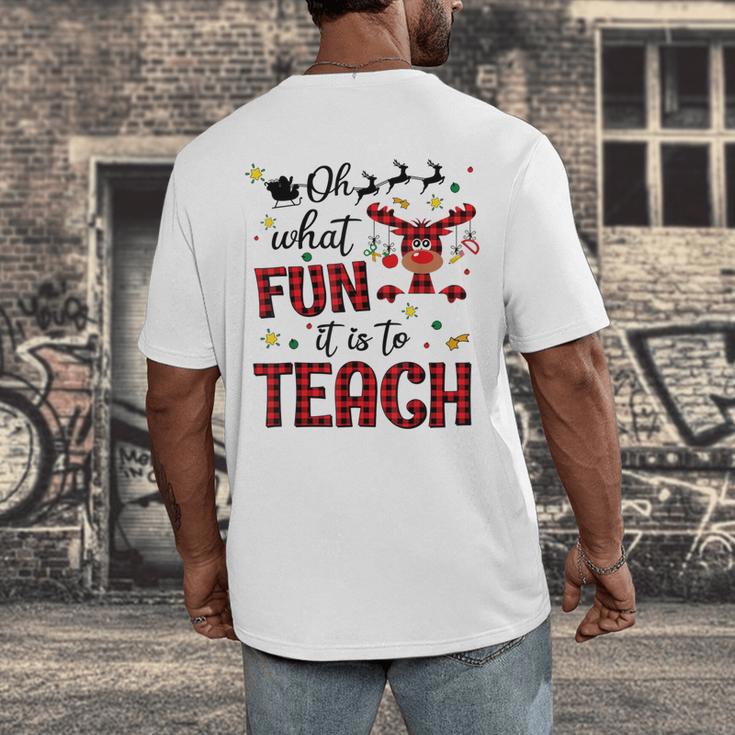 Teachers Oh What Fun It Is To Teach Cute Red Plaid Reindeer Men's Back Print T-Shirt, funny design