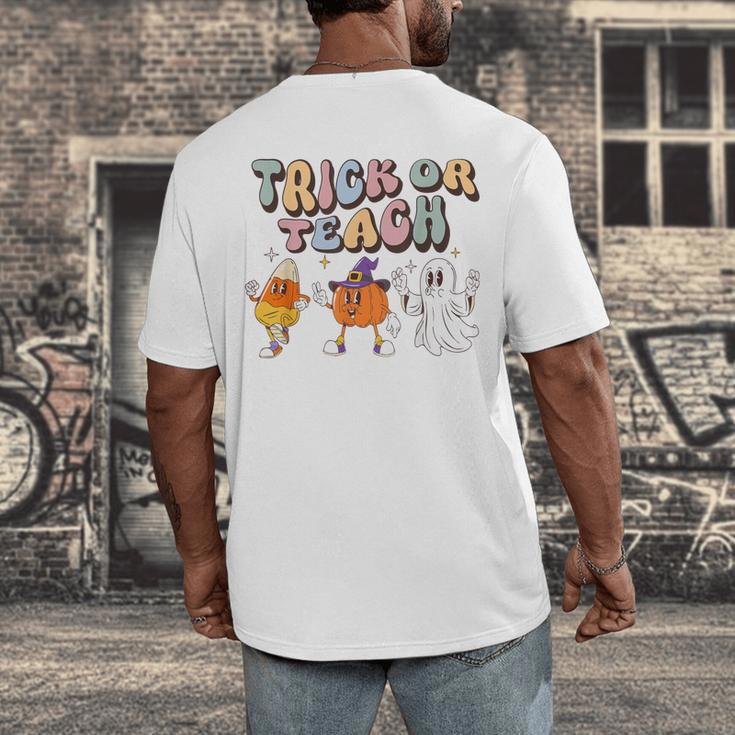Trick Or Teach Candy Corn Pumpkin Ghost Teacher Men's Back Print T-Shirt, funny design