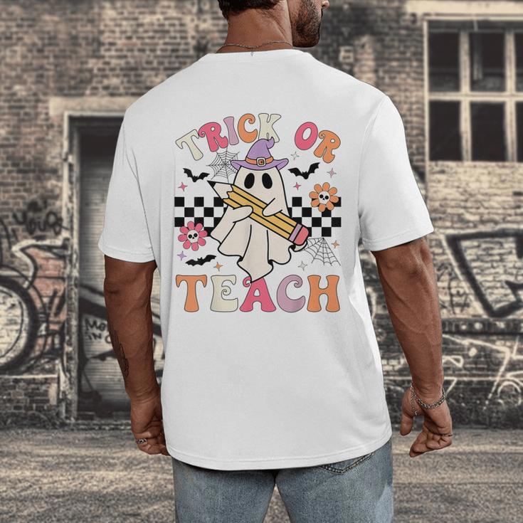 Trick Or Teach Groovy Teacher Halloween Retro Floral Ghost Men's Back Print T-Shirt, funny design