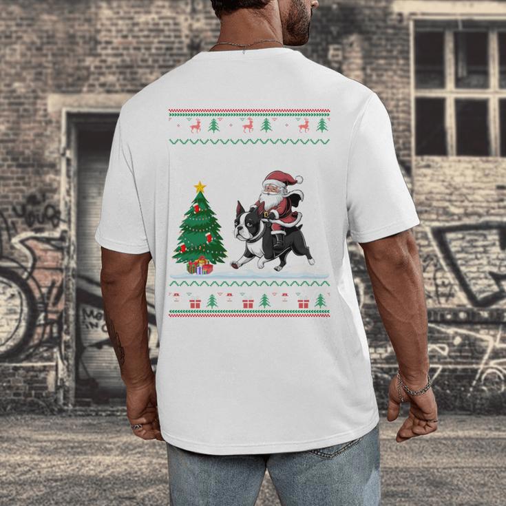 Ugly Christmas Tree Lights Xmas Santa Riding Boston Terrier Men's Back Print T-Shirt, funny design