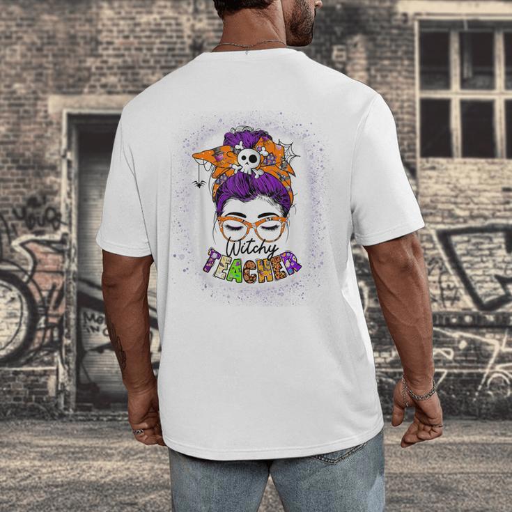 Witchy Teacher Halloween Messy Bun Teacher Bleached Men's Back Print T-Shirt, funny design Witchy Teacher Halloween Messy Bun Teacher Bleached Men's Back Print T-Shirt, funny design