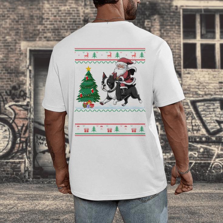 Xmas Tree Lighting Santa Riding Boston Terrier Christmas Men's Back Print T-Shirt, funny design