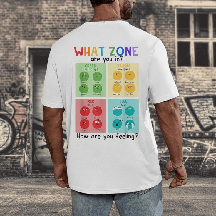 What Zone Are You In How Are You Feeling Teacher Men's Back Print T-Shirt, funny design What Zone Are You In How Are You Feeling Teacher Men's Back Print T-Shirt, funny design
