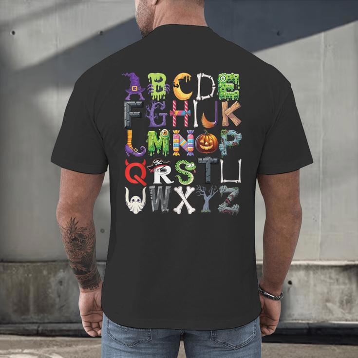 ABCs Alphabet Halloween Learning Kindergarten Teachers Men's Back Print T-Shirt, gift for family, gift for coworker ABCs Alphabet Halloween Learning Kindergarten Teachers Men's Back Print T-Shirt, gift for family, gift for coworker