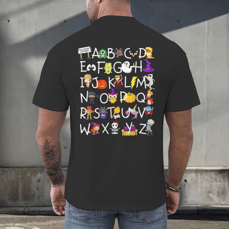 Alphabet ABCs Halloween Characters Kindergarten Teacher Kids Men's Back Print T-Shirt, gift for family, gift for coworker Alphabet ABCs Halloween Characters Kindergarten Teacher Kids Men's Back Print T-Shirt, gift for family, gift for coworker